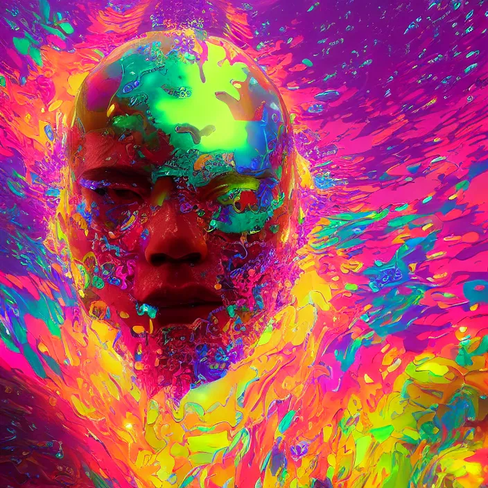 Image similar to illustration of a colorful melting human head. flowers and blossoms, ferrofluids, burning water distortions. intricate abstract. intricate artwork. by tooth wu, wlop, beeple, dan mumford. octane render, trending on artstation, greg rutkowski, cinematic