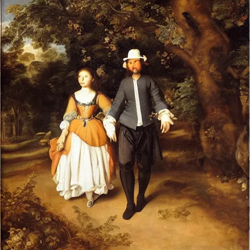 Prompt: a couple walking in central park wearing fine clothes surrounded by vegetation on fall. fine art, oil on canvas baroque style 1 6 5 6 by diego velasquez.