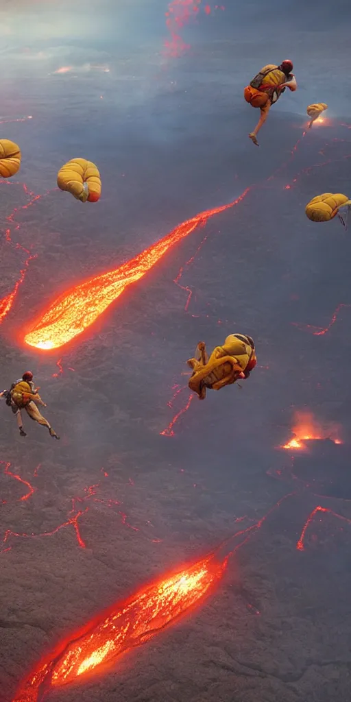 Prompt: downward distant view of sky divers, open parachutes, hell, parachuting downward, Kilauea setting, lava stream, Photorealistic, establishing shot, cinematic lighting, , dramatic lighting, atmospheric, realistic, octane render, highly detailed, color graded, matte painting in the style of craig mullins