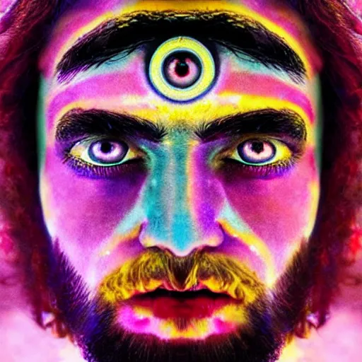 Prompt: three eyed gods, third eye middle of forehead, wide wide shot, very hairy bodies, vivid colors, eye in forehead, beautiful lighting