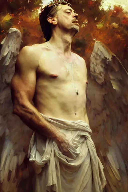 Image similar to beautiful detailed expressive impressionistic oil painting portrait of ancient roman god emperor steve buscemi levitating in angelic pose wearing the civic crown, art by anders zorn, wonderful masterpiece by greg rutkowski, expressive brush strokes, beautiful cinematic light, american romanticism by greg manchess, jessica rossier