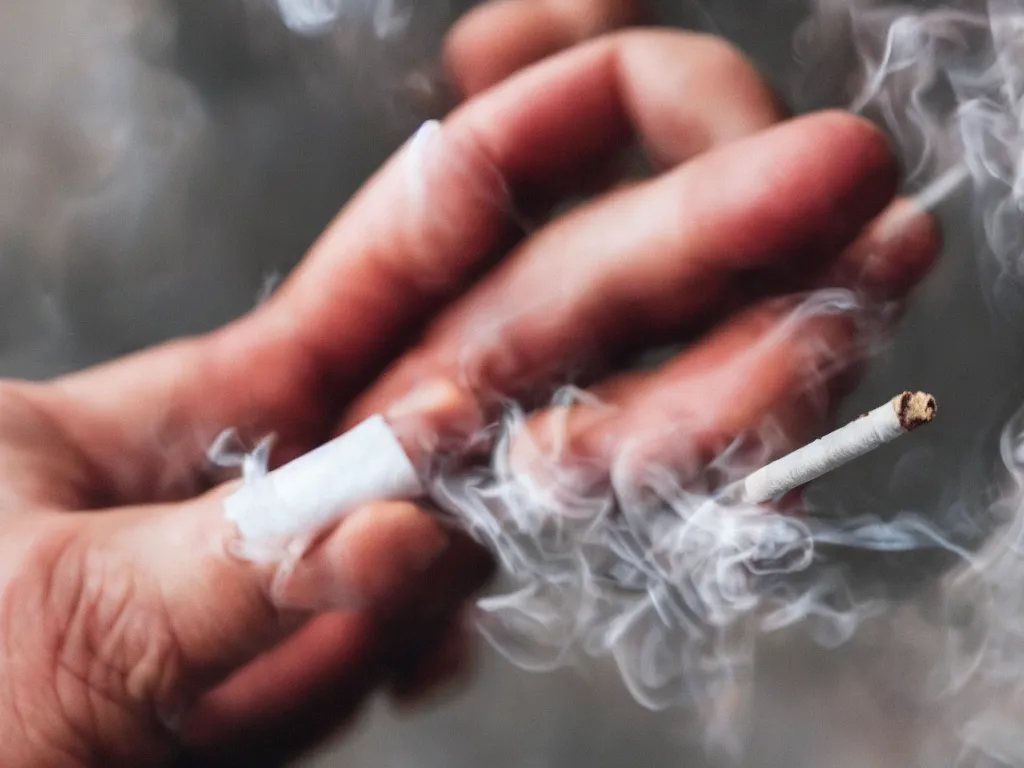 Image similar to Close-up view of hyperrealistic thin soft hand holding cigarette with smoke, hyper realistic photo