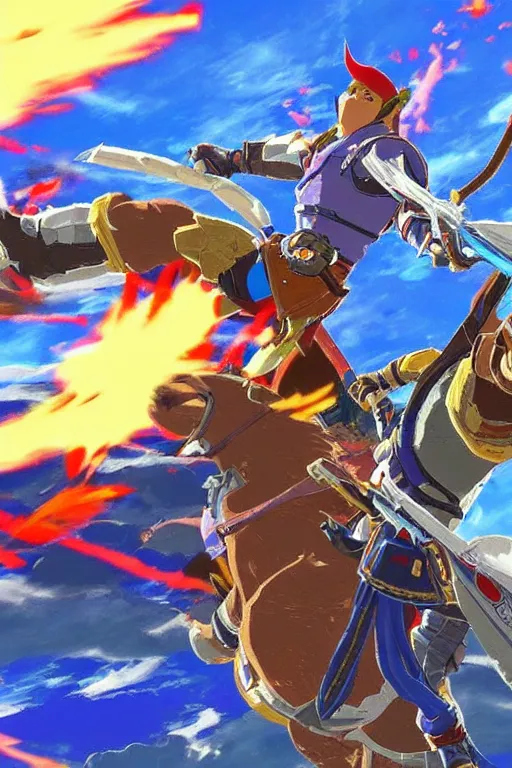 Image similar to in game footage of captain falcon from the legend of zelda breath of the wild, breath of the wild art style.