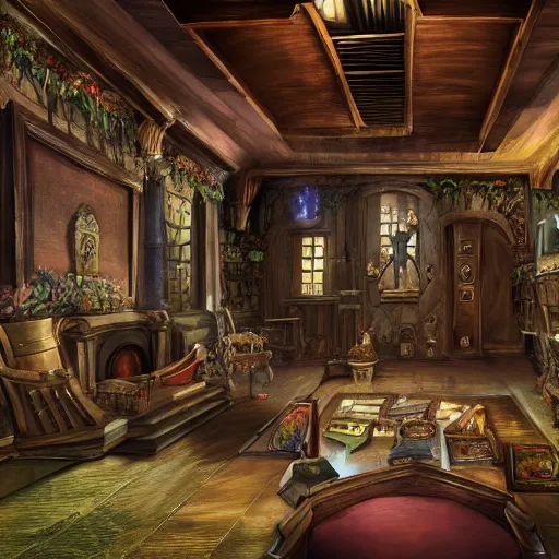 Image similar to the inside of a feywild mansion, dungeons and dragons, 4 k, highly detailed