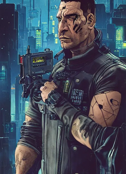 Image similar to the punisher. cyberpunk mercenary in tactical harness and jumpsuit. spin kick. portrait by stonehouse and mœbius and will eisner and gil elvgren and pixar. realistic proportions. dystopian. cyberpunk 2 0 7 7, apex, blade runner 2 0 4 9 concept art. cel shading. attractive face. thick lines.