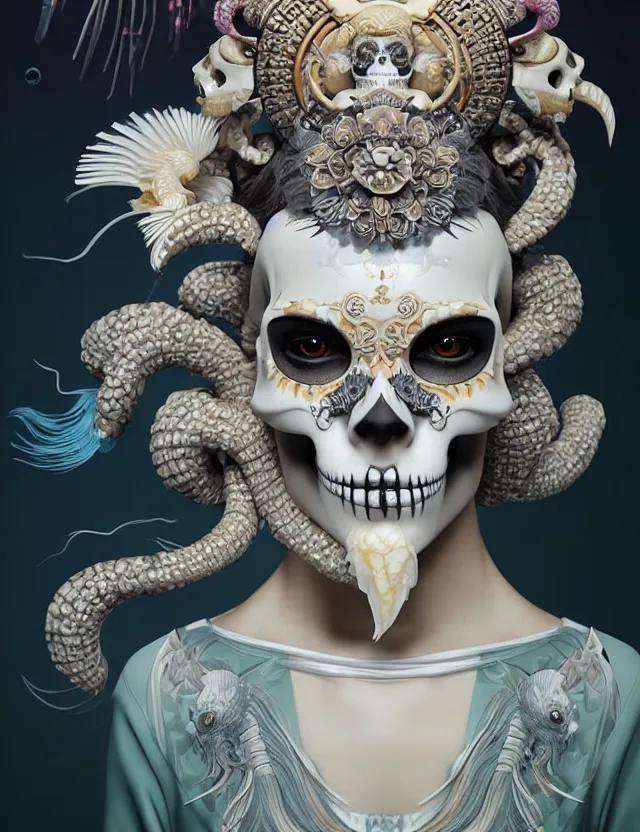 Image similar to 3 d goddess skull half - turn portrait with long hair with ram skull. beautiful intricately detailed japanese crow kitsune mask and clasical japanese kimono. betta fish, jellyfish phoenix, bio luminescent, plasma, ice, water, wind, creature, artwork by tooth wu and wlop and beeple and greg rutkowski