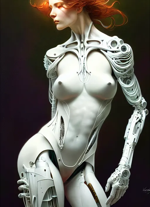 Image similar to organic cyborg, white plastic, diffuse lighting, fantasy, intricate, elegant, highly detailed, lifelike, photorealistic, digital painting, artstation, illustration, concept art, smooth, sharp focus, art by John Collier and Albert Aublet and Krenz Cushart and Artem Demura and Alphonse Mucha