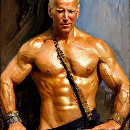 Image similar to detailed realistic cinematic wide shot of beautiful attractive muscular joe biden, roman empreror gold clothes wearing blue bath robe slim face symettrical face clean skin black eyes black robe smooth, sharp focus, ultra realistic, spring light, painting by gaston bussiere, craig mullins, j. c. leyendecker