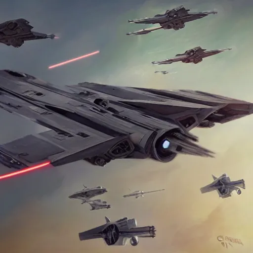 Image similar to concept art of an x wing starfighter from star wars by greg rutkowski