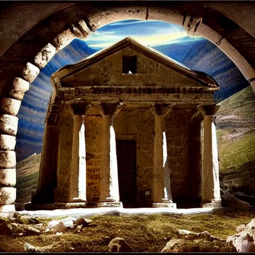 Prompt: ancient, Greek church,monument, arch, fantasy, mountain valley, hyper realistic