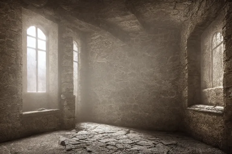 Image similar to an abandoned medieval room in an old stone building, dusty, cobwebs, wooden furniture, a small window with dark gloom coming through, high definition, matte painting, dust particles