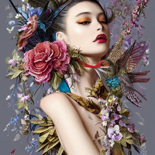 Prompt: 3 / 4 view of a beautiful girl wearing an origami dress, eye - level medium shot, fine floral ornaments in cloth and hair, hummingbirds, elegant, by eiko ishioka, givenchy, ambrosius boeschaert, by peter mohrbacher, centered, fresh colors, origami, fashion, detailed illustration, vogue, native american woman, reallusion character creator