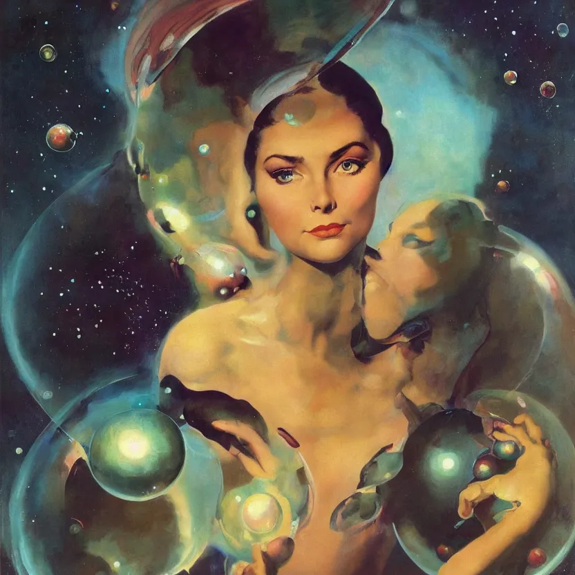 Prompt: close - up portrait painting of an elegantly beautiful alien woman with big eyes, by frank frazetta and norman rockwell. cosmic glowing bubbles. muted colors, soft gradients. dark background. trending on artstation. retrofuturism.