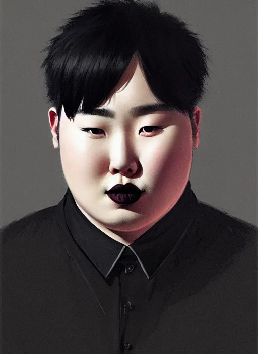 Image similar to portrait of a plump korean man with a crooked nose and a confident expression, 1 9 6 0 s, black clothes, goth, punk, brightly coloured hair, funk, intricate, elegant, highly detailed, digital painting, artstation, concept art, smooth, sharp focus, illustration, art by wlop, mars ravelo and greg rutkowski