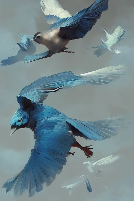 Prompt: birds flying, flock of blue birds, oil painting, sunlit, paint texture, digital painting, highly detailed, artstation, sharp focus, illustration, concept art, ruan jia, charlie bowater, tom bagshaw, norman rockwell