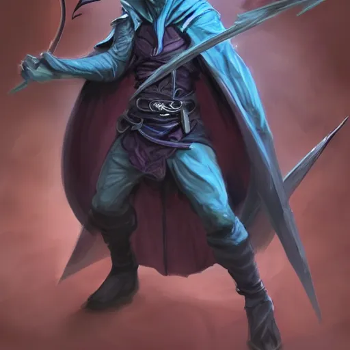 Image similar to D&D character concept art of a cloaked tiefling, tiefling rogue, blue skin color with short horns and a devil tail, fighting pose of a Rogue holding daggers, black cloak hidden in shadows, full body pose, soft colors, fantasy, intricate, elegant, highly detailed, digital painting, artstation, concept art, smooth, sharp focus, illustration, wide angle shot, full body visible, art by artgerm and H R Giger and alphonse mucha