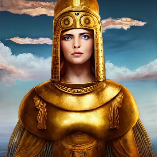 Image similar to young ancient greek woman in golden helmet, a floating pantheon palace in the sky, clouds background, island floating in the sky, epic fantasy style art, fantasy epic digital art