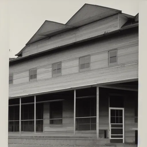 Prompt: a black and white photo of an old building by Dorothea Lange, featured on flickr, northwest school, 1920s, 1970s, 1990s