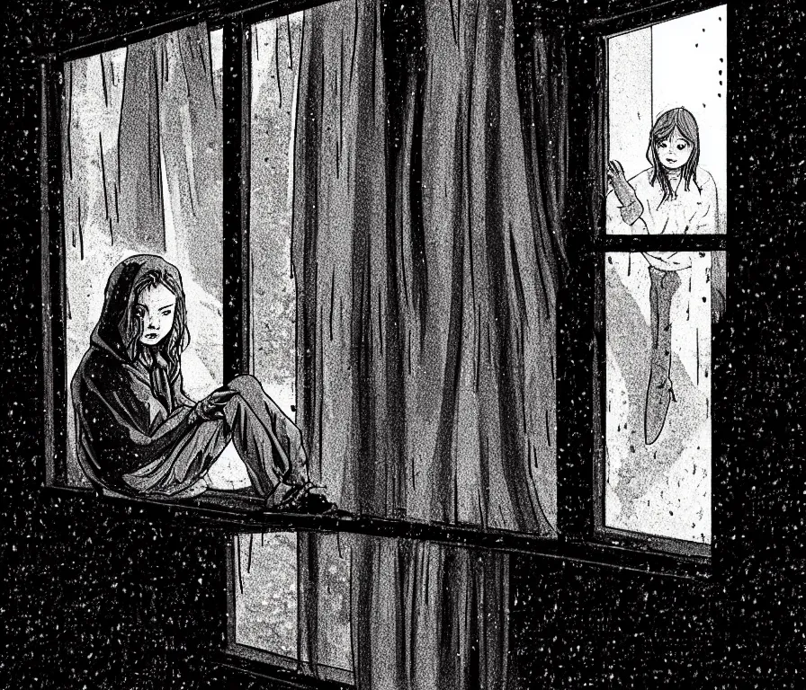 Prompt: sadie sink in hoodie sits on windowsill, knees tucked in | rain falls at night : storyboard, scifi cyberpunk. by gabriel hardman. cinematic atmosphere, detailed and intricate, perfect anatomy