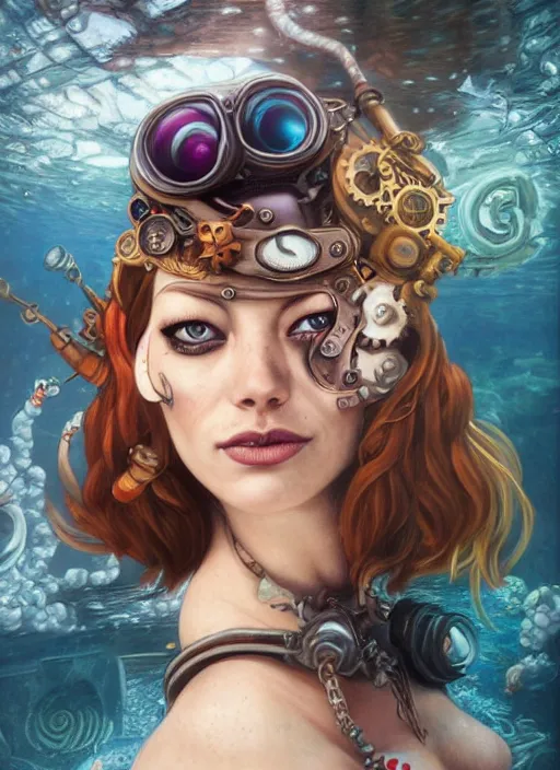 Image similar to underwater steampunk pirate portrait of emma stone, pixar style, by tristan eaton stanley artgerm and tom bagshaw.