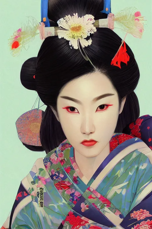 Image similar to a professional painting of a beautiful Japanese Geisha girl, in brightly colored kimono, long dark hair, beautiful bone structure, symmetrical facial features, intricate, elegant, digital painting, concept art, smooth, sharp focus, illustration, from StarCraft by Ruan Jia and Mandy Jurgens and Artgerm and William-Adolphe Bouguerea