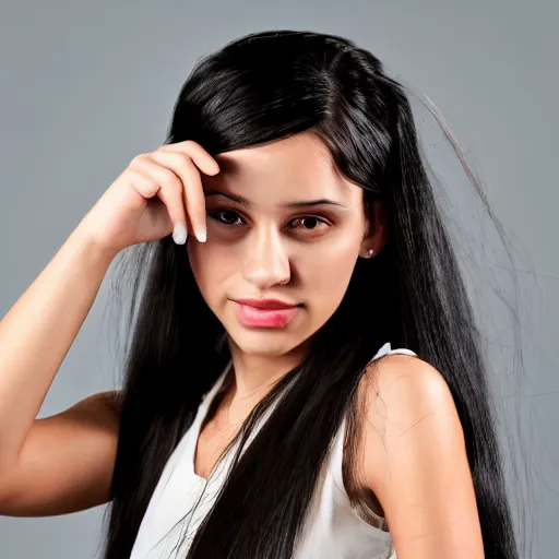 Prompt: girl with black hair in a ponytail and brown eyes, bigger forehead, photo shoot, in a dress