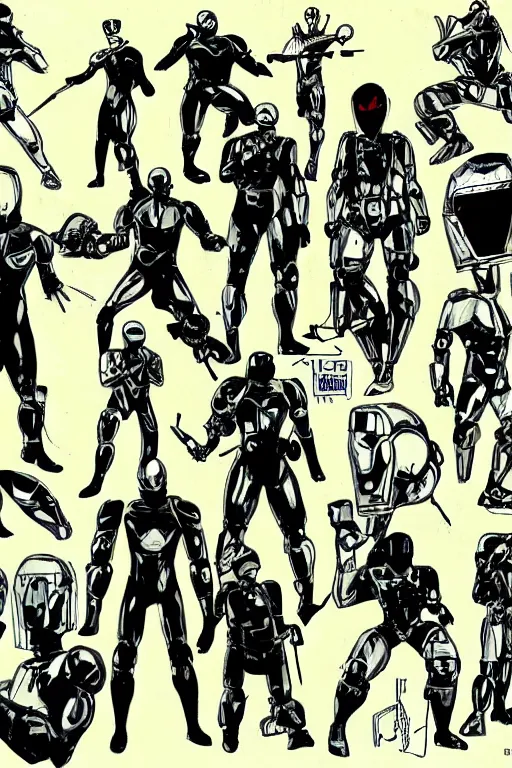 Prompt: robot ninja mask helmet metal gear solid snake pose training suit swat heros chaykin howard and campion pascale and cooke darwyn and davis jack