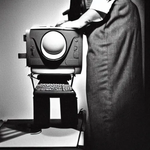 Image similar to a black and white photograph of a computer experiencing sensory information, by robert crumb, by jim henson, high contrast, soft lighting, surreal, film photography