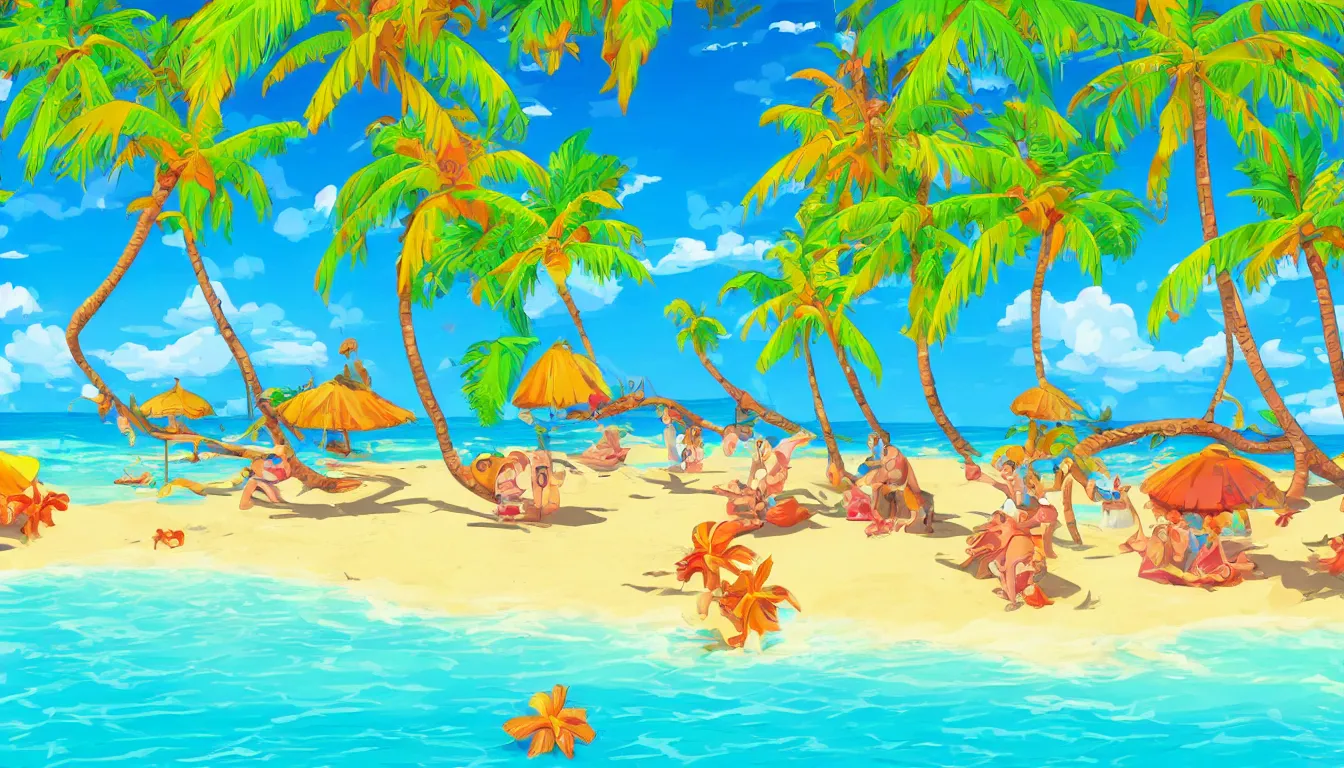 Image similar to a tropical beach scene, Disney cartoon, animation, high detail, colorful