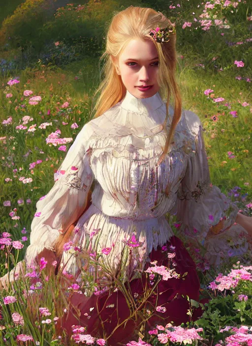 Prompt: a professional painting of an russian young blonde girl intricate, wearing russian folk clothes, in the morning light, at the beautiful river, surrounded by flowers, elegant, digital painting, concept art, smooth, sharp focus, finely detailed illustration, beautifully framed, from Metal Gear, in the style of Artgerm and Greg Rutkowski and William-Adolphe Bouguerea