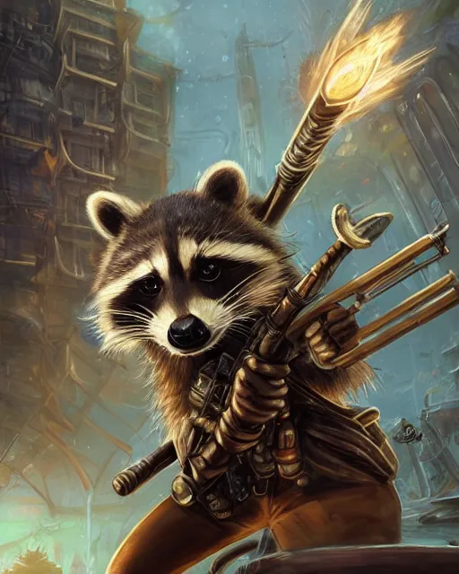 Image similar to Raccoon, Anthropomorphized, holding rocket launcher, Golden Steampunk city atmosphere, magic the gathering artwork, D&D, fantasy, cinematic lighting, centered, symmetrical, highly detailed, digital painting, artstation, concept art, smooth, sharp focus, illustration, volumetric lighting, epic Composition, 8k, art by Akihiko Yoshida and Greg Rutkowski and Craig Mullins, heroic pose, oil painting, cgsociety,