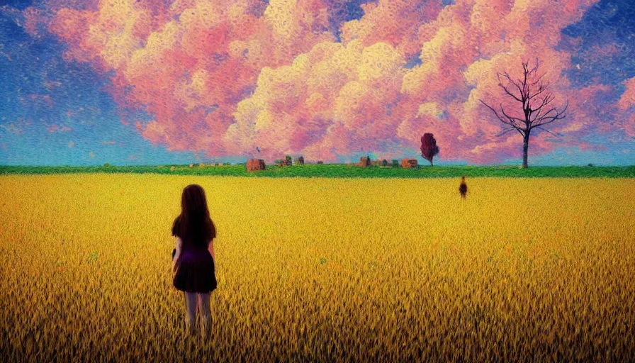 Image similar to girl with flower face in empty wheat field, surreal photography, colorful clouds, tree, impressionist painting, colorful clouds, digital painting, pointillism, sunset, artstation, simon stalenhag