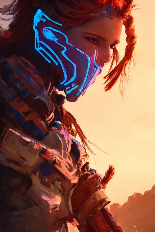 Image similar to combination suit armor aloy horizon forbidden west horizon zero dawn radiating a glowing aura global illumination ray tracing hdr fanart arstation by ian pesty and alena aenami artworks in 4 k tribal robot ninja mask helmet backpack