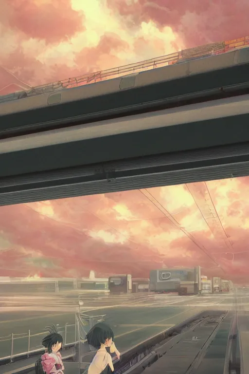 Prompt: 3d ultra realistic anime illustration, two schoolgirls flying on huge japanese elevated subway at rainy dark sunrise. cozy cottages all around. there's a plane flying in the sky. deep and complex composition. pastel colors. style of Hiro Kiyohara anime. redshift, octane, trending on artstation, cinematic, oil painting