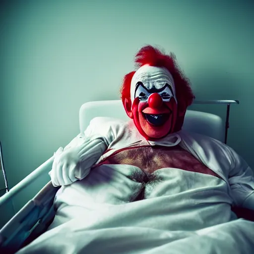 Image similar to delirious elderly clown supine in hospital bed, strapped into bed with restraints, trying to get out but unsuccessful, photograph, 8 k