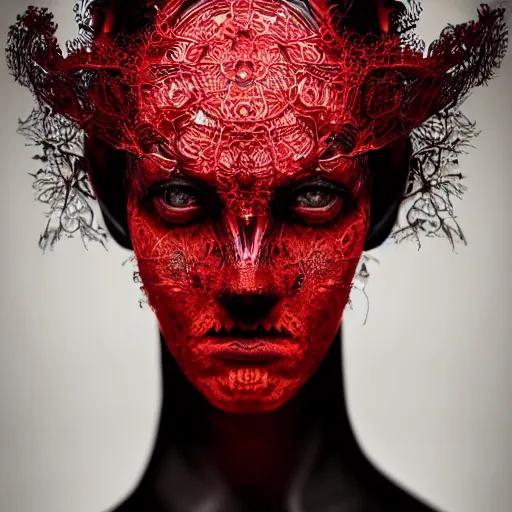 Image similar to a female model by stefan geselle and nekro borja, photorealistic, cyberpunk, intricate details, hyper realistic, red lace headpiece, dark beauty, photorealistic, canon r 3, photography, wide shot, photography, dark beauty, symmetrical features