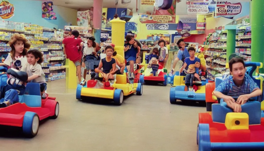 Image similar to 1990s photo of inside the Boring News Grown up errands ride at Universal Studios in Orlando, Florida, children riding on tiny minivans go-carts through a fake grocery store maze course , Nickelodeon slime blaster, flying soccer balls, business men, cinematic, UHD