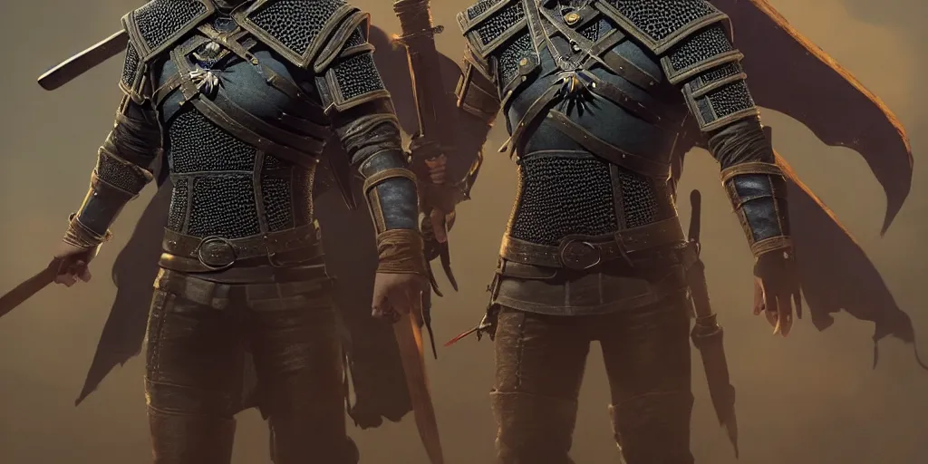 Image similar to witcher from syria, new costume concept design with metal sholders and ornaments on the armor, oriental armor style, arabic, fashion, colors with gold and dark blue, concept art, by artgerm, greg rutkowski, cinematic light, featured on artstation, octane render, sharp focus, ray tracing, artstationhq, cgsociety, 8 k.