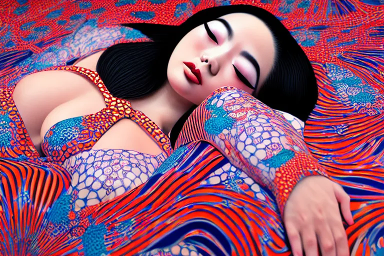 Image similar to hyperrealistic detailed image of a geisha laying in a art installation, high definition pattern design by yayoi kusama, part by kei mieno, part by alex gray, part by ross tran, part by james jean, ultra realistic, highly detailed, life like face, detailed body, 8 k, unreal engine 5, very cohesive