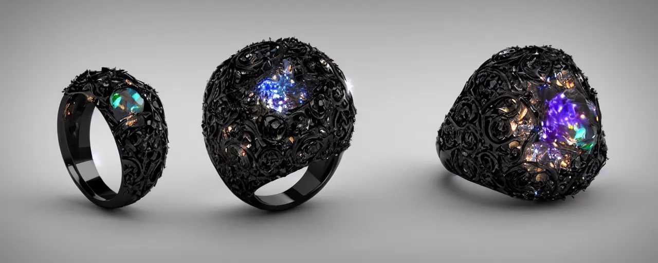 Image similar to black magic crystal ring, fire, flame, ashes, smooth, crystal, engravings, diamonds, product design, jewelry, colorful, art by gerald brom, greg rutkowski and artgerm, photo realism, unreal engine, c 4 d