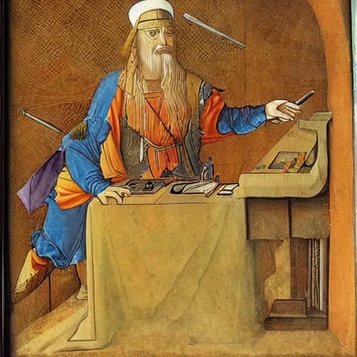 Prompt: attila the hun using imac desktop pc to send emails but is getting visibly annoyed at technology da vinci style painting