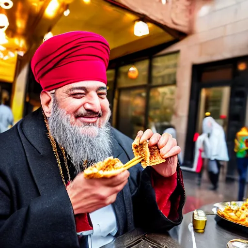 Prompt: Sultan Süleyman eating shawarma in Downtown New York, wearing big ovular turban and a luxurious Ottoman coat, gold rings and ruby crystals around finger, Ottoman Sultan, smile, cheerful, expressive, photorealistic, hyperrealism, HDR Shot, 16k