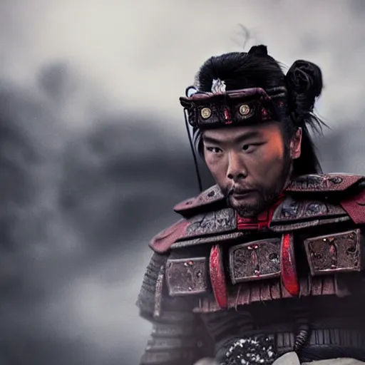 Image similar to samurai epic jump, movie shot, 35mm, feels epic, atmospheric, photo-real, 8K render, cinematic lighting