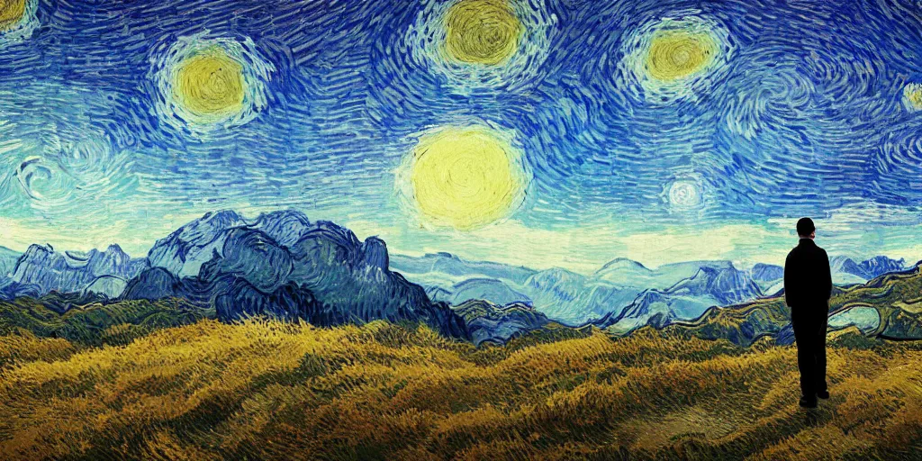 Image similar to landscape, mountain ranges, sky, style of Van Gogh starry night, atmospheric, cinematic, photographic, photoreal, digital art, small man center standing on mountain, valley mist