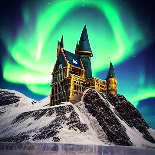 Image similar to “Hogwarts School of Witchcraft and Wizardry with the norther lights in the background. 4k, 8k, unreal 5, very detailed, hyper control-realism,.”