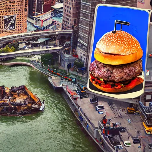 Image similar to giant delicious burger and fries splashes into New York city river, mind-bending digital art, macro photography 25mm, hollywood movie cinematic helicopter view