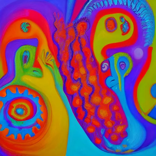 Image similar to love and the first law of thermodynamics, oil painting, vivid, psychedelic