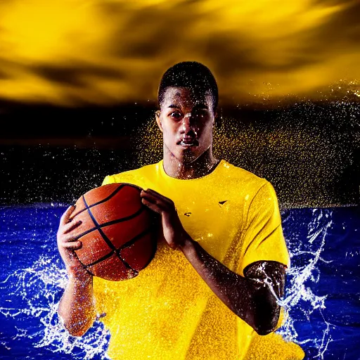 Image similar to a basketball player with yellow shirt catching a ball in the middle of the ocean, splash everywhere, freeze time, detailed, volumetric light, 4 k, dynamic movement, shot with flash, strobist, digital art, dramatic, sharp focus, by annie leibovitz