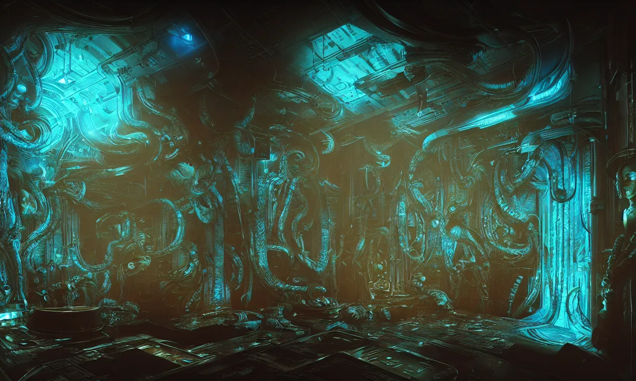 Image similar to Prometheus biological sci-fi environment set, glowing blue control panel, in a nightmarish universe of odd forms and somber tapestry, HR Giger and Vincent Di Fate, vivid color scheme, featured in artstation, octane render, cinematic, elegant, intricate, 8k