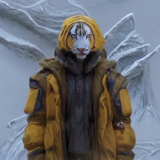 Image similar to a beautfiul award winning aesthetic commission of an antrho albino tiger wearing a yellow-black padded hooded puffer jacket,digital art,art by greg rutkowski,character design by charles bowater,ross tran,photorealistic,detailed face,hyperdetailed,western comic,2021,artstation,deviantart,unrela engine 5